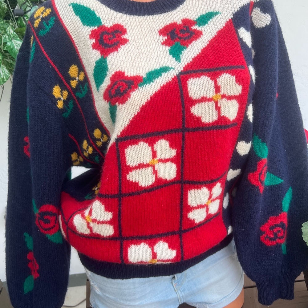 Vintage Charter Club wool floral sweater Blue White Red Sz 1X